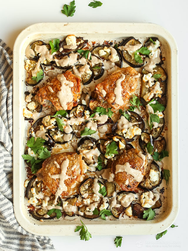 Tahini Chicken Eggplant Tray Bake